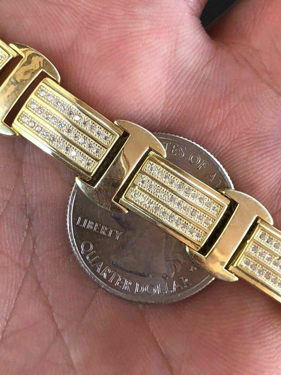 HarlemBling 14k Gold Over Solid 925 Silver W 8ct Diamonds Icy Hip Hop Mens Bracelet Custom