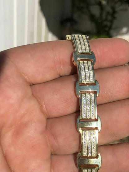 HarlemBling 14k Gold Over Solid 925 Silver W 8ct Diamonds Icy Hip Hop Mens Bracelet Custom