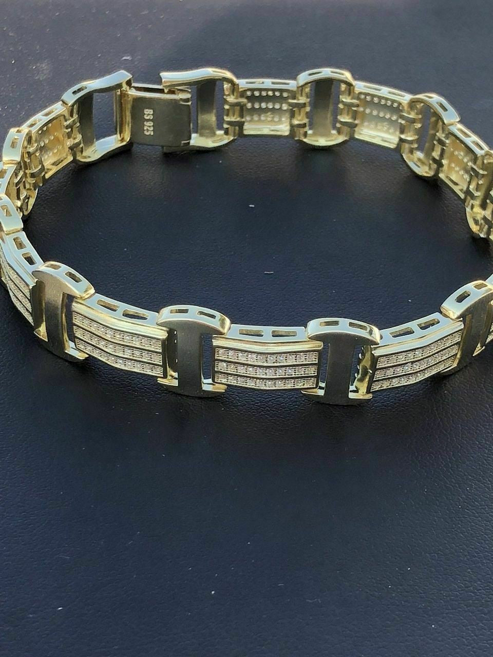 HarlemBling 14k Gold Over Solid 925 Silver W 8ct Diamonds Icy Hip Hop Mens Bracelet Custom