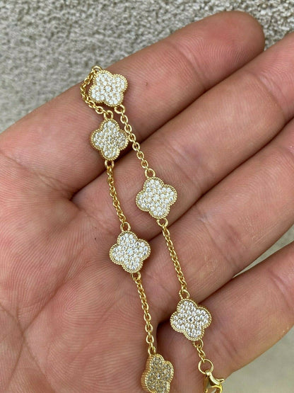 HarlemBling 14k Gold Over Solid 925 Sterling Silver Four Leaf Clover 6 Motif Bracelet Ladies