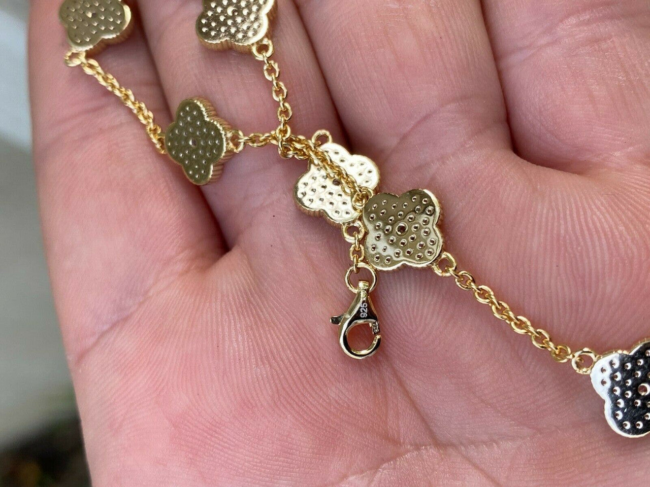HarlemBling 14k Gold Over Solid 925 Sterling Silver Four Leaf Clover 6 Motif Bracelet Ladies