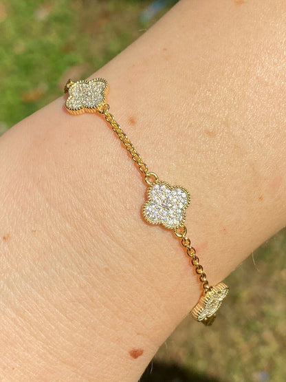 HarlemBling 14k Gold Over Solid 925 Sterling Silver Four Leaf Clover 6 Motif Bracelet Ladies