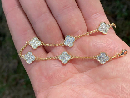 HarlemBling 14k Gold Over Solid 925 Sterling Silver Four Leaf Clover 6 Motif Bracelet Ladies