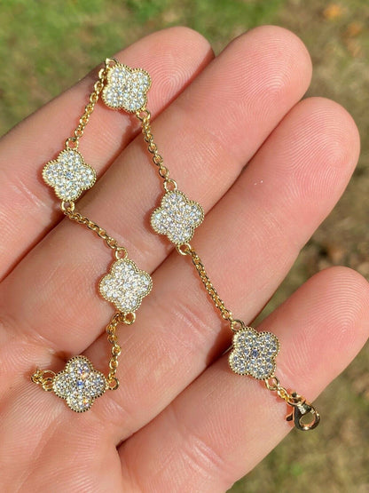 HarlemBling 14k Gold Over Solid 925 Sterling Silver Four Leaf Clover 6 Motif Bracelet Ladies