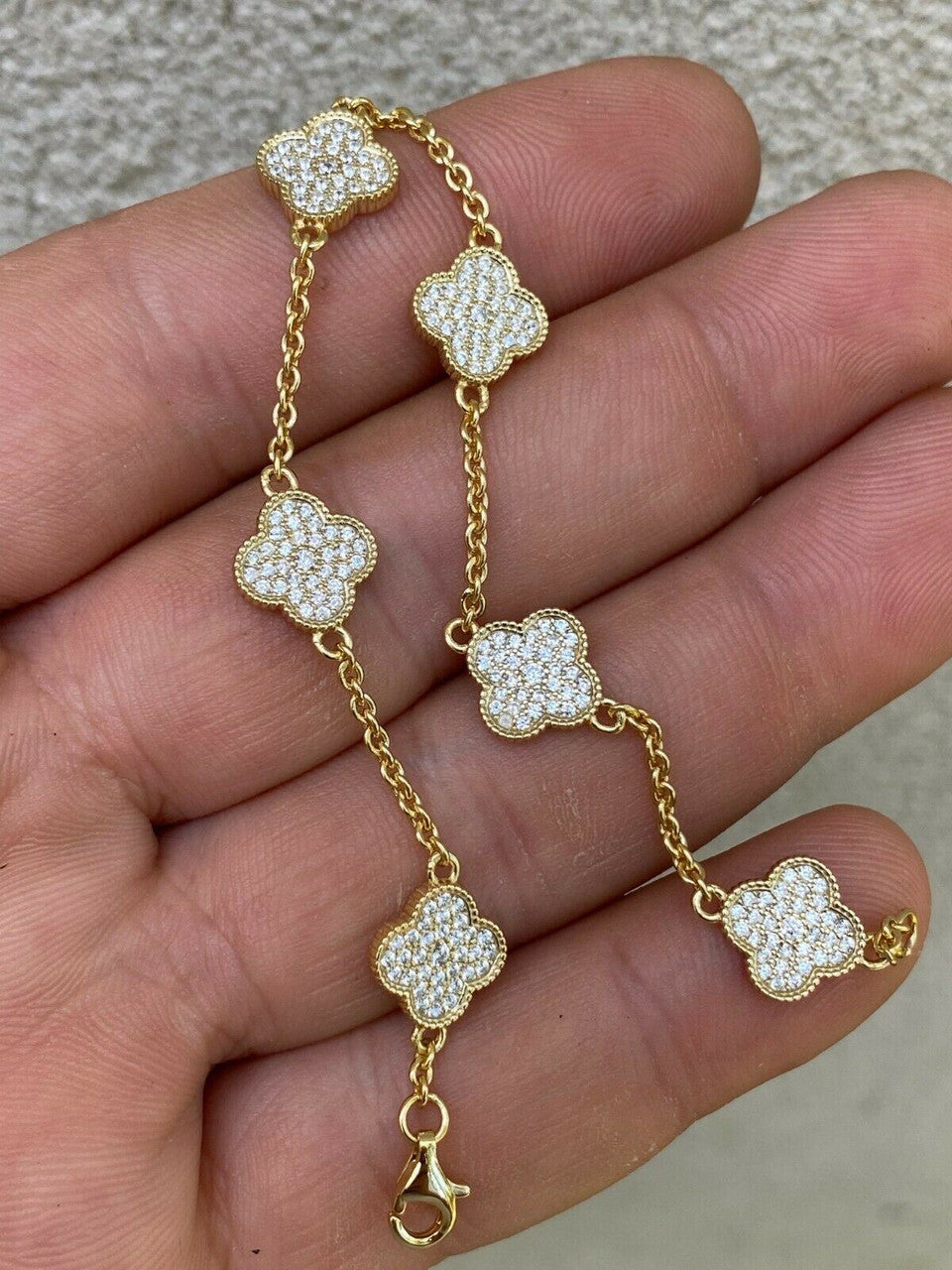 HarlemBling 14k Gold Over Solid 925 Sterling Silver Four Leaf Clover 6 Motif Bracelet Ladies