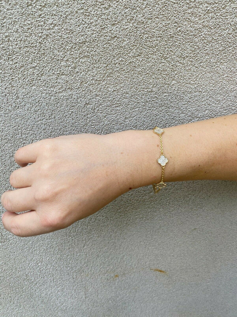 HarlemBling 14k Gold Over Solid 925 Sterling Silver Four Leaf Clover 6 Motif Bracelet Ladies