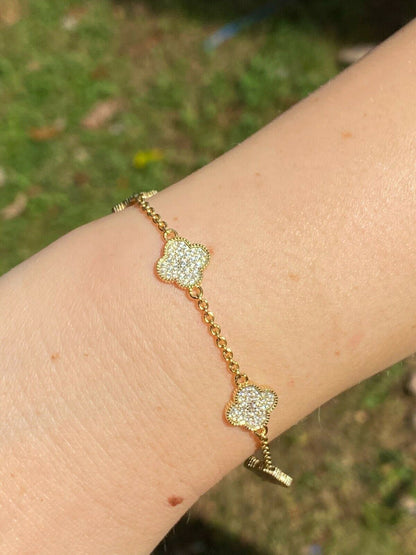 HarlemBling 14k Gold Over Solid 925 Sterling Silver Four Leaf Clover 6 Motif Bracelet Ladies