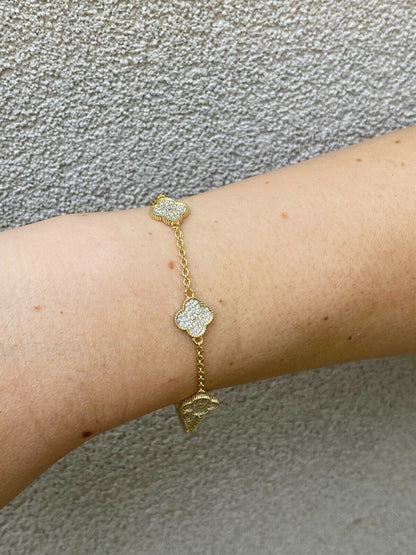 HarlemBling 14k Gold Over Solid 925 Sterling Silver Four Leaf Clover 6 Motif Bracelet Ladies