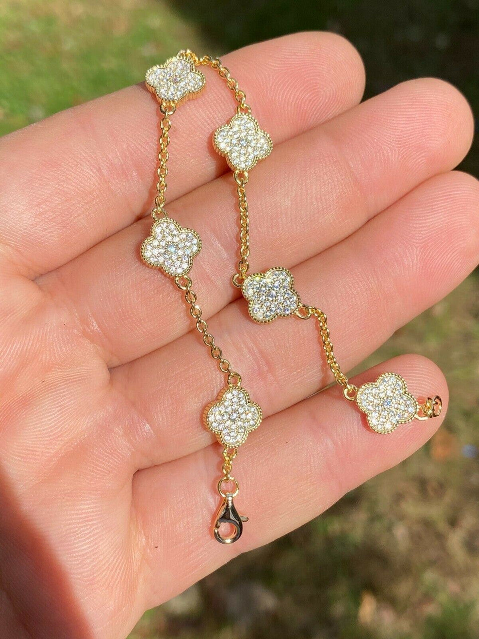 HarlemBling 14k Gold Over Solid 925 Sterling Silver Four Leaf Clover 6 Motif Bracelet Ladies