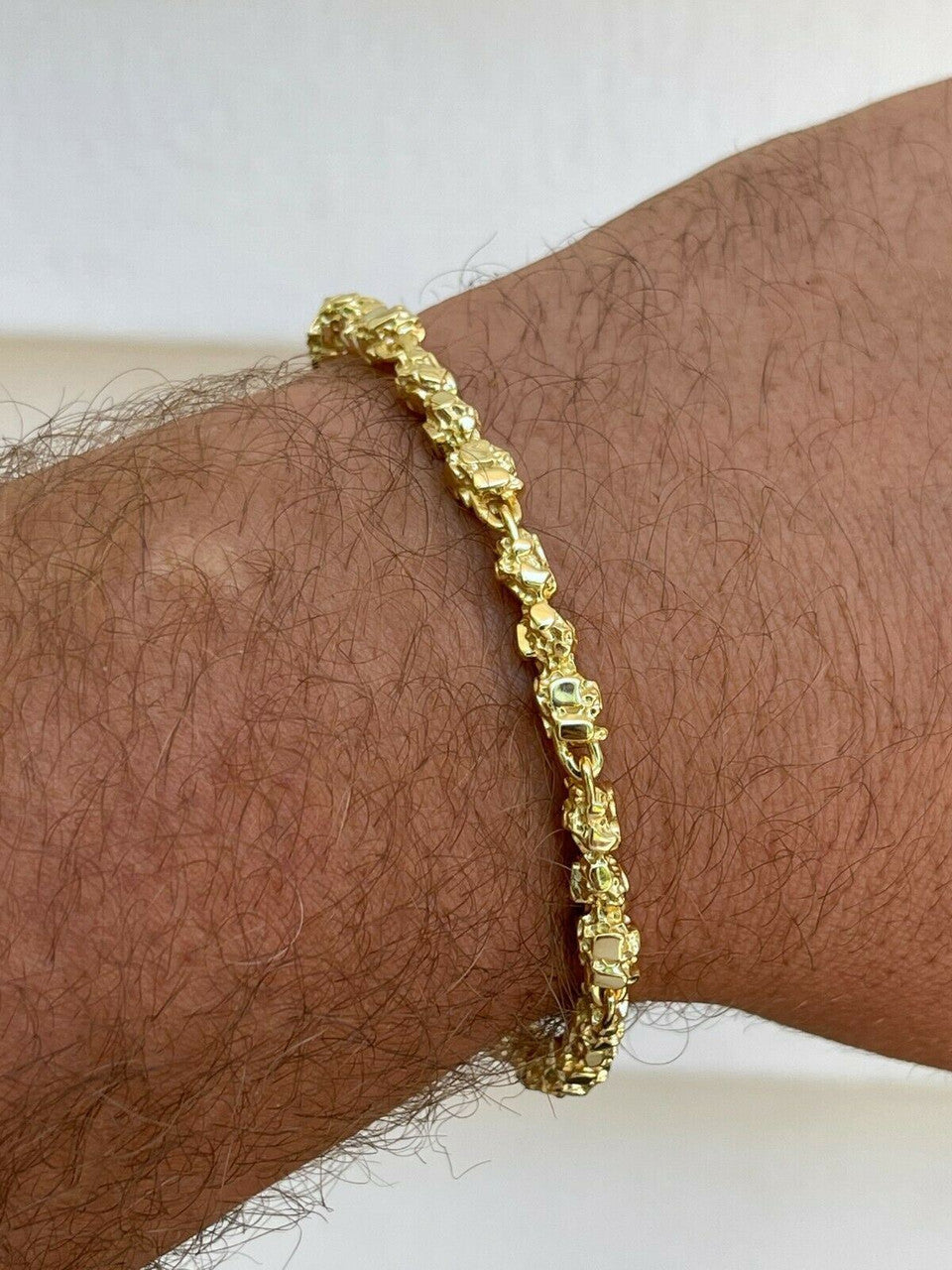 HarlemBling 14k Gold Over Solid 925 Sterling Silver Gold Nugget Link Bracelet 7-8.5 Mens