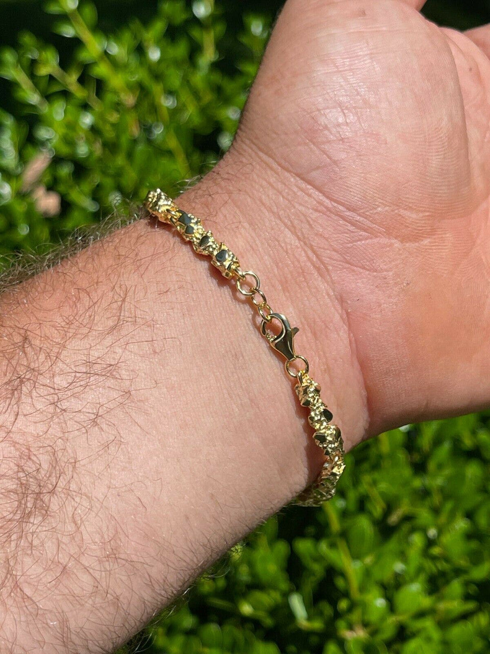 HarlemBling 14k Gold Over Solid 925 Sterling Silver Gold Nugget Link Bracelet 7-8.5 Mens