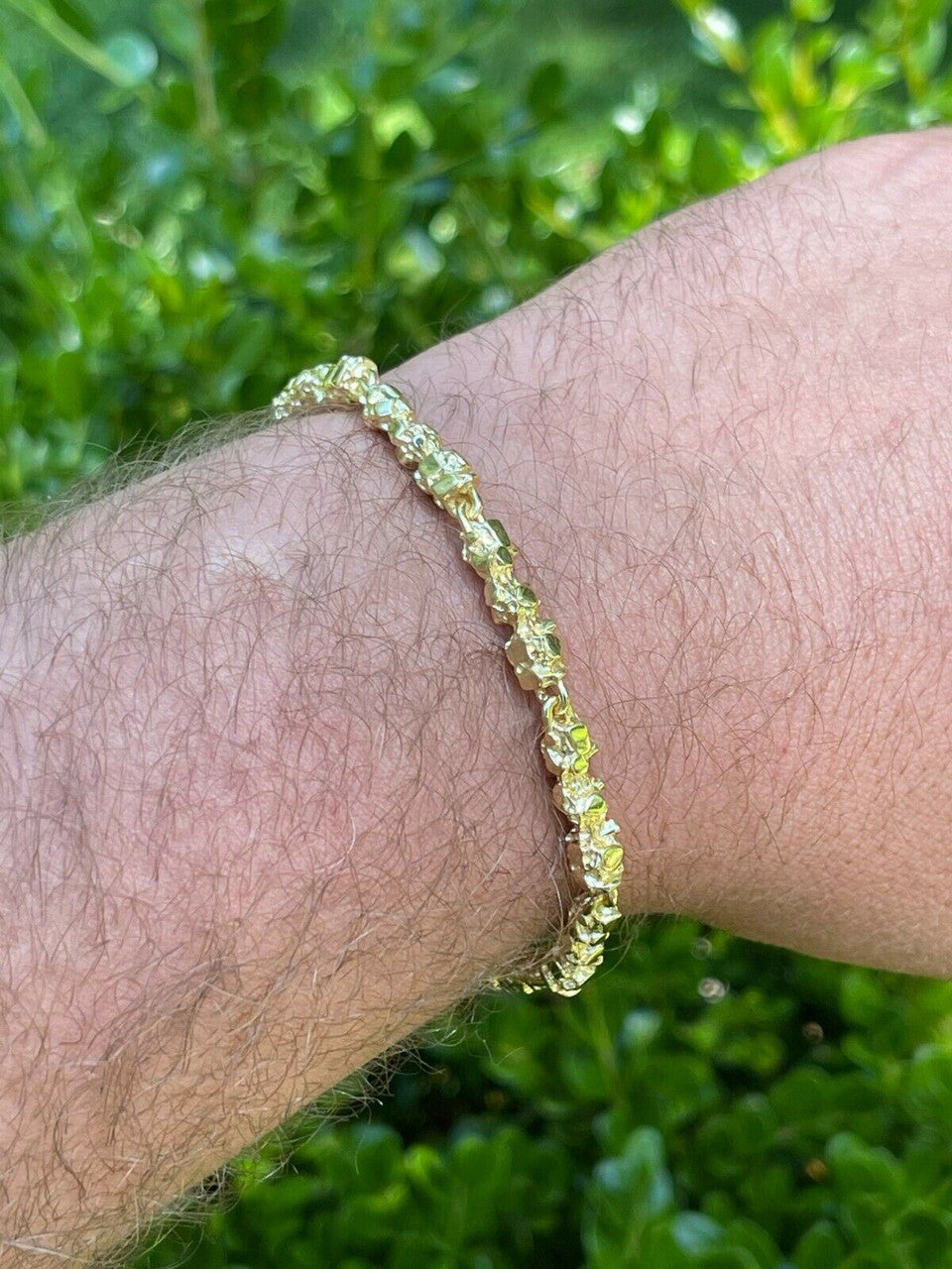 HarlemBling 14k Gold Over Solid 925 Sterling Silver Gold Nugget Link Bracelet 7-8.5 Mens