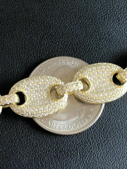 HarlemBling 14k Gold Over Solid 925 Sterling Silver Mens Gucci Link Choker Chain 18 Diamond