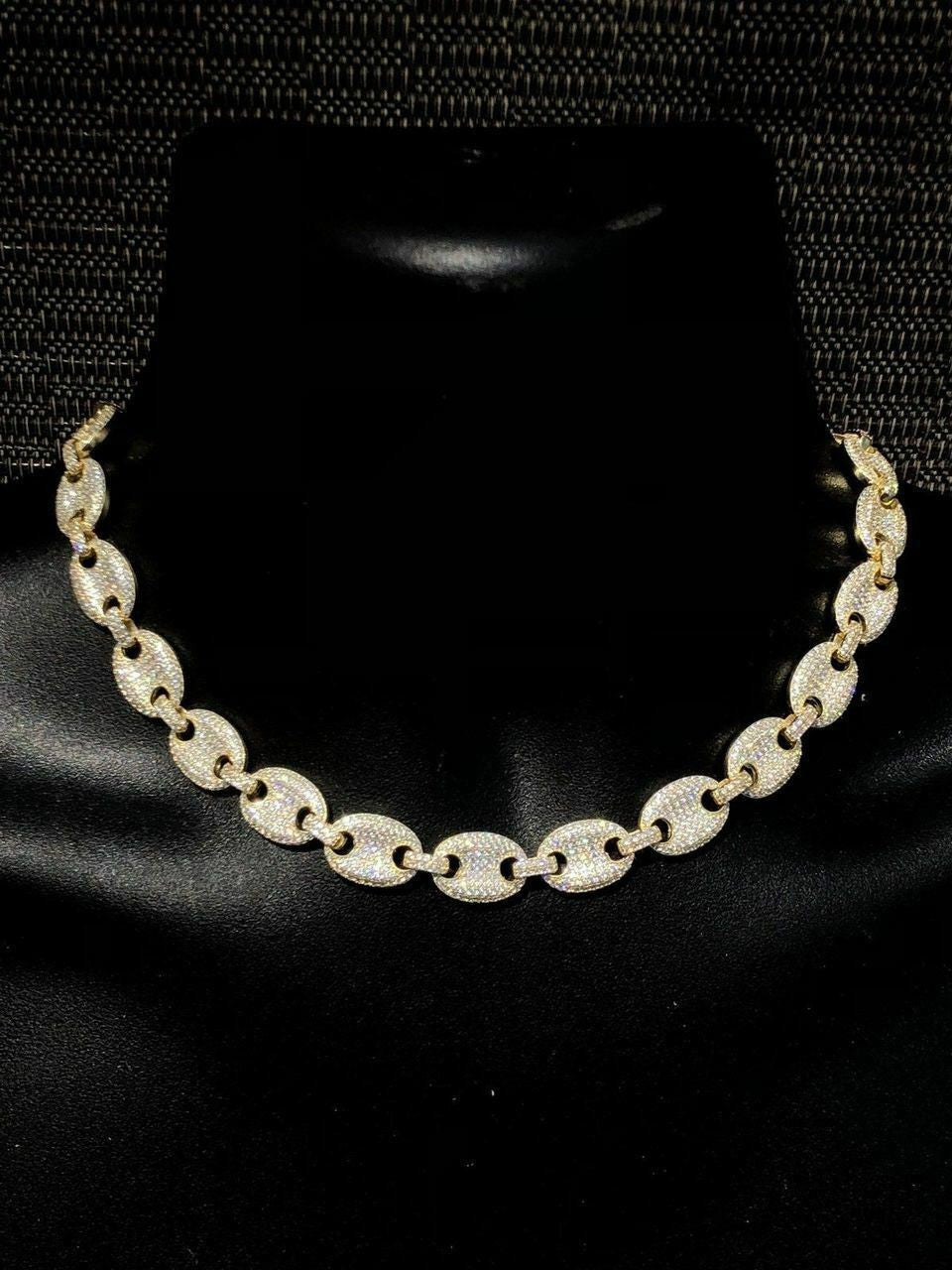 HarlemBling 14k Gold Over Solid 925 Sterling Silver Mens Gucci Link Choker Chain 18 Diamond