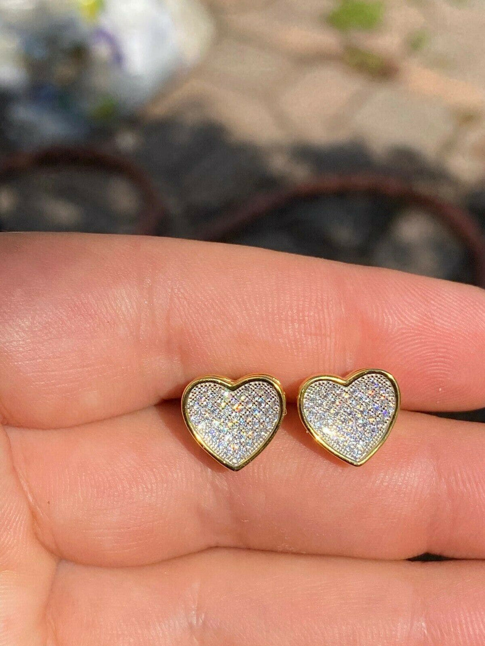 HarlemBling 14K Gold Real 925 Silver Heart Earrings Diamond Studs Iced Screw Back Aretes