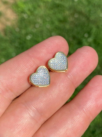 HarlemBling 14K Gold Real 925 Silver Heart Earrings Diamond Studs Iced Screw Back Aretes