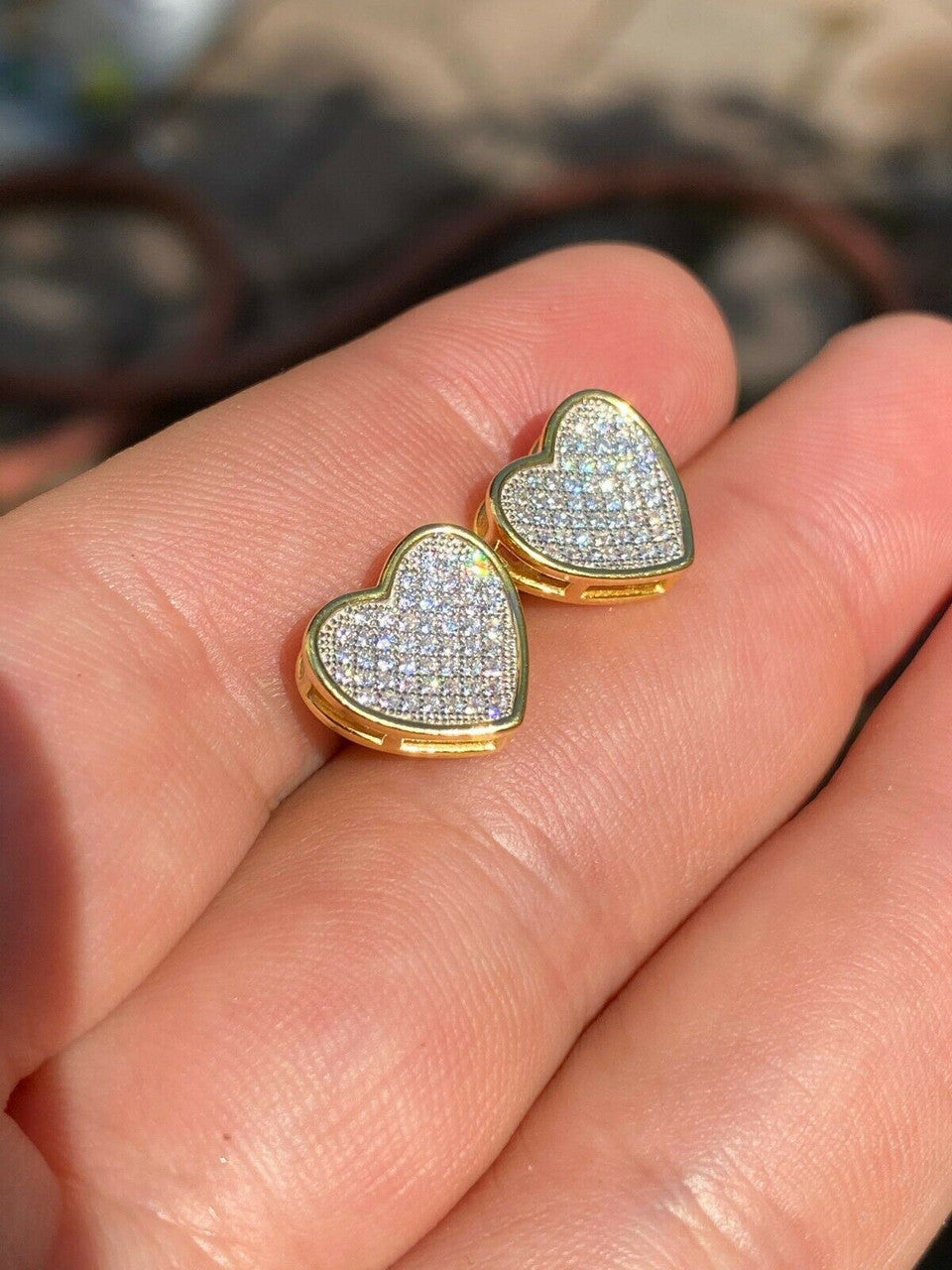 HarlemBling 14K Gold Real 925 Silver Heart Earrings Diamond Studs Iced Screw Back Aretes