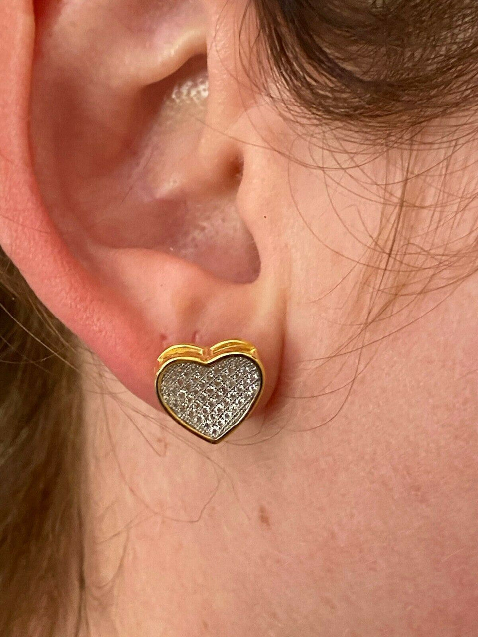 HarlemBling 14K Gold Real 925 Silver Heart Earrings Diamond Studs Iced Screw Back Aretes