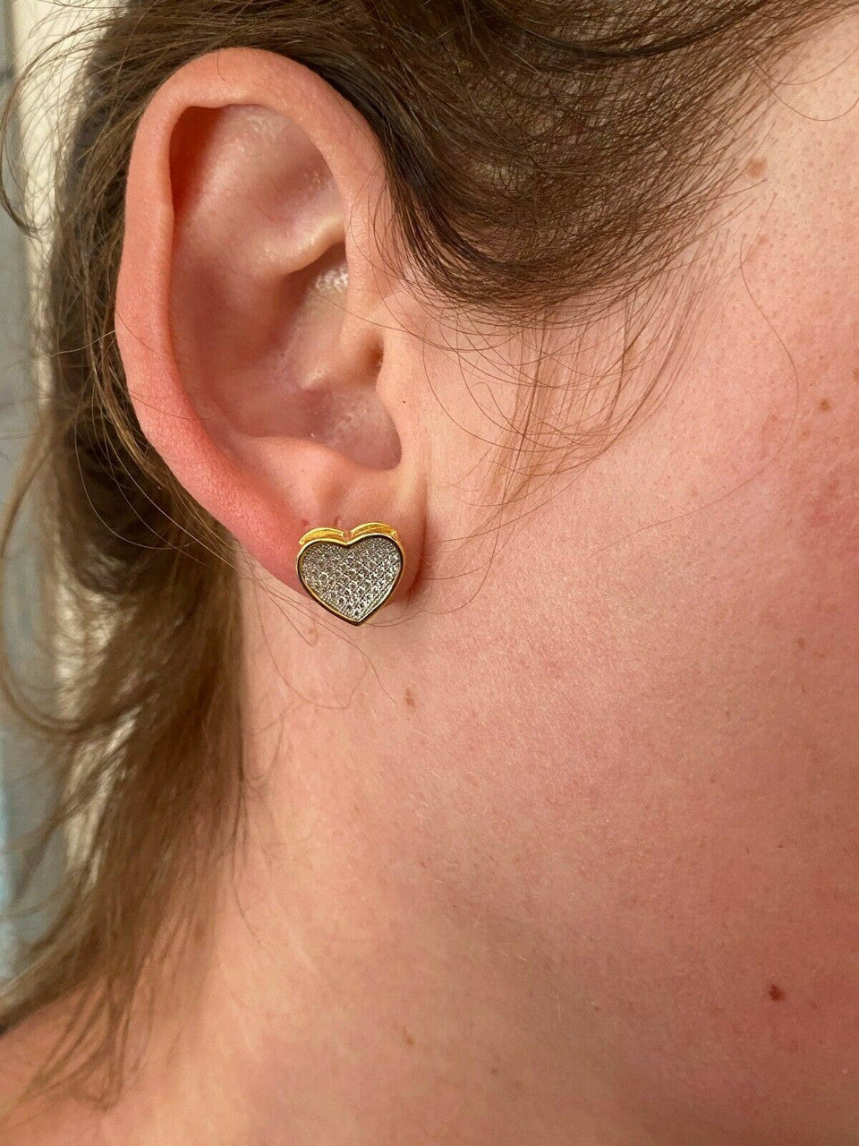 HarlemBling 14K Gold Real 925 Silver Heart Earrings Diamond Studs Iced Screw Back Aretes