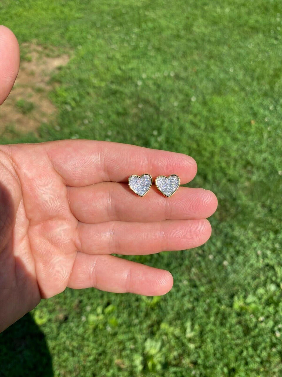 HarlemBling 14K Gold Real 925 Silver Heart Earrings Diamond Studs Iced Screw Back Aretes