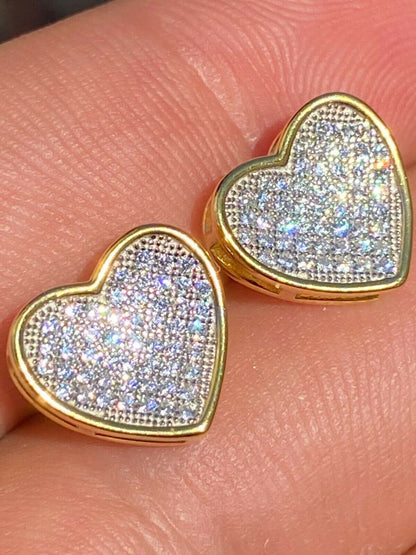 HarlemBling 14K Gold Real 925 Silver Heart Earrings Diamond Studs Iced Screw Back Aretes
