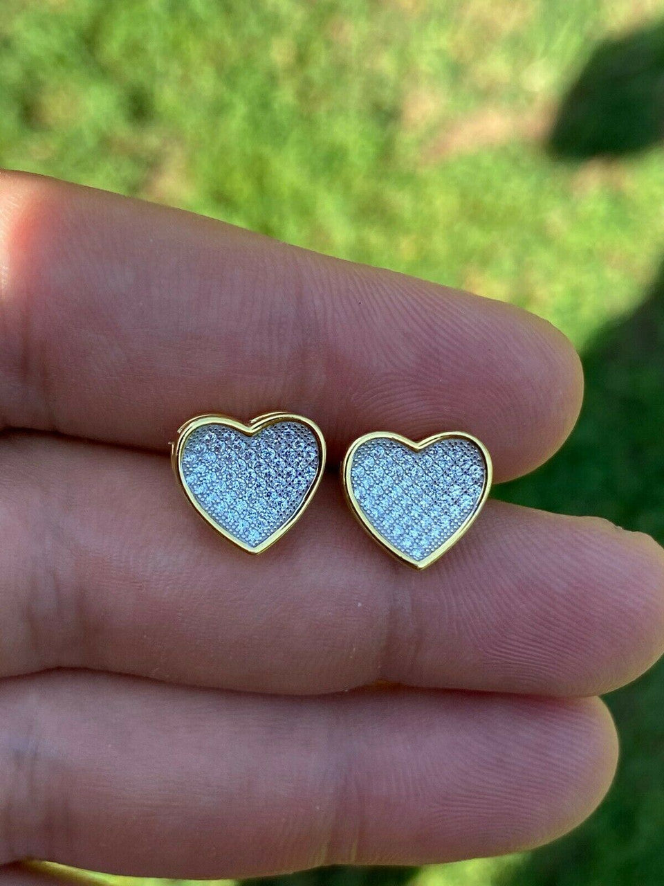 HarlemBling 14K Gold Real 925 Silver Heart Earrings Diamond Studs Iced Screw Back Aretes