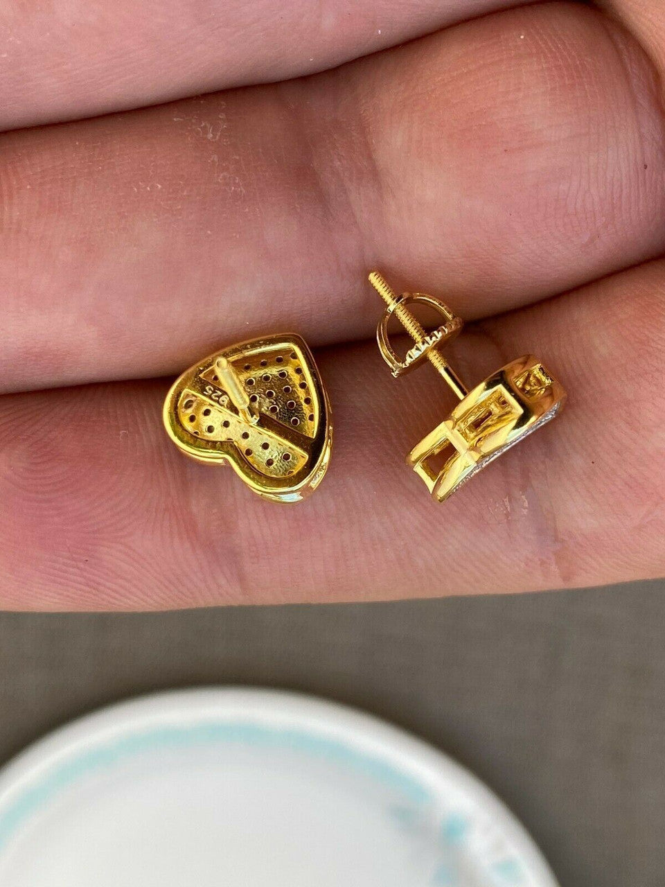 HarlemBling 14K Gold Real 925 Silver Heart Earrings Diamond Studs Iced Screw Back Aretes
