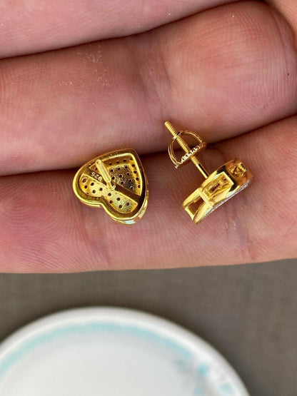HarlemBling 14K Gold Real 925 Silver Heart Earrings Diamond Studs Iced Screw Back Aretes