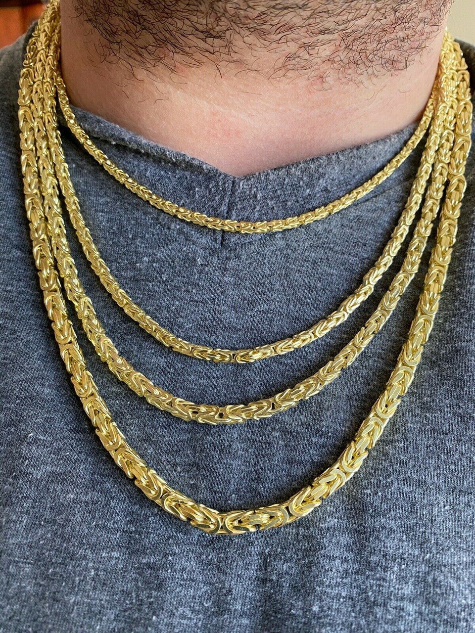 HarlemBling 14k Gold Real 925 Sterling Silver Byzantine Chain Mens Necklace 2.5-5mm 18-30