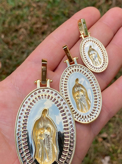 HarlemBling 14k Gold Real 925 Sterling Silver Virgin Mary Necklace Pendant Iced Medallion