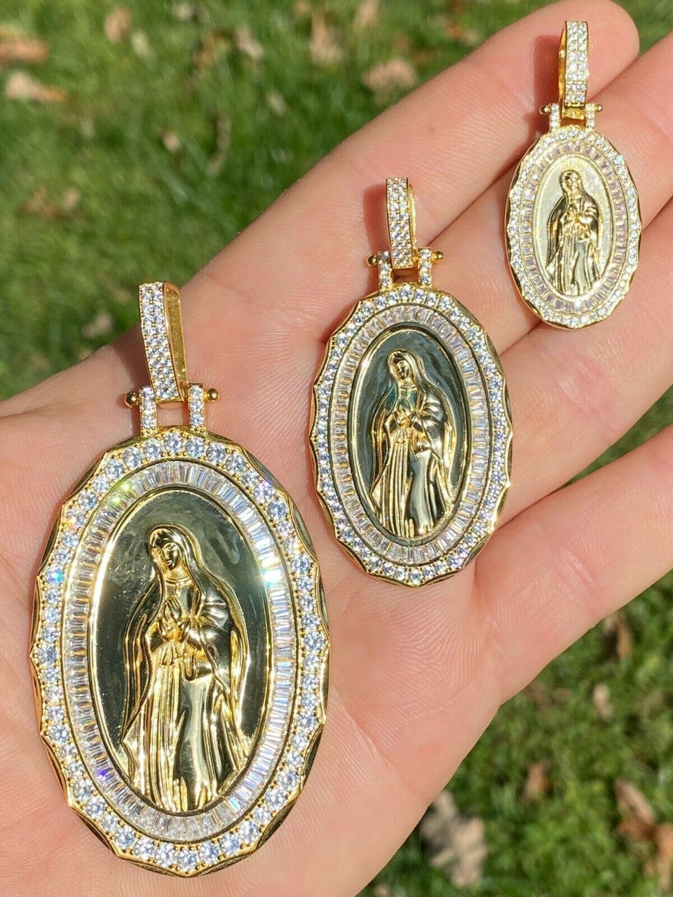 HarlemBling 14k Gold Real 925 Sterling Silver Virgin Mary Necklace Pendant Iced Medallion