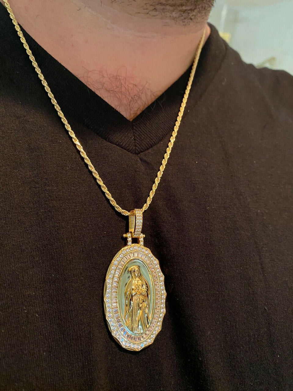 HarlemBling 14k Gold Real 925 Sterling Silver Virgin Mary Necklace Pendant Iced Medallion