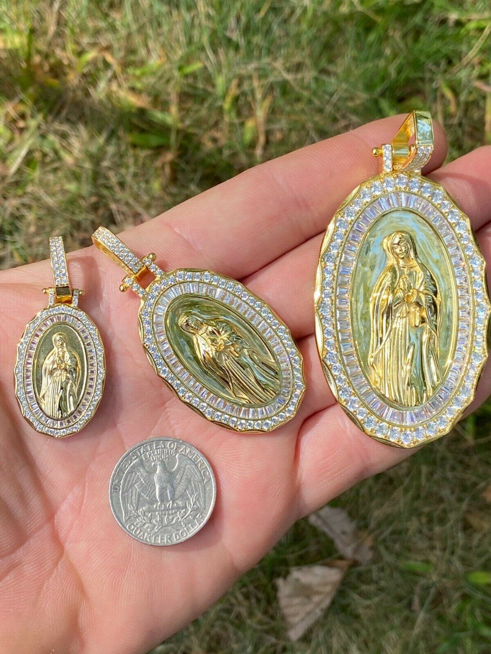 HarlemBling 14k Gold Real 925 Sterling Silver Virgin Mary Necklace Pendant Iced Medallion