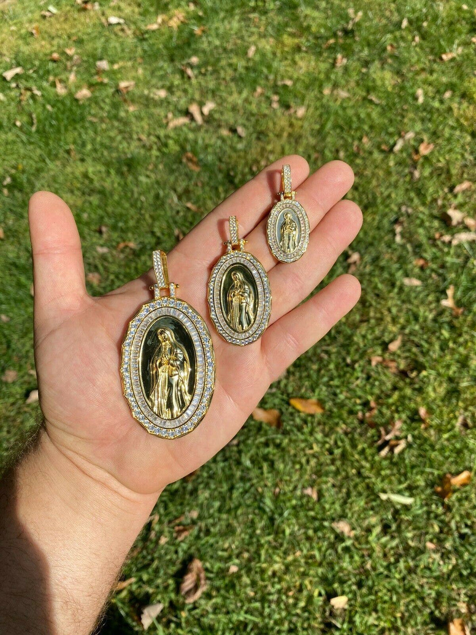 HarlemBling 14k Gold Real 925 Sterling Silver Virgin Mary Necklace Pendant Iced Medallion