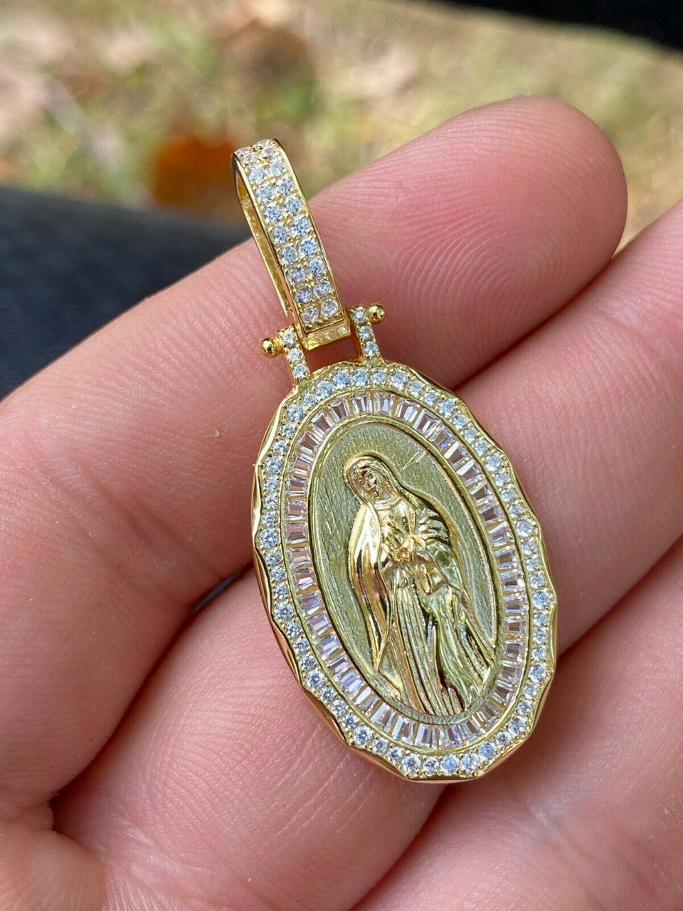 HarlemBling 14k Gold Real 925 Sterling Silver Virgin Mary Necklace Pendant Iced Medallion