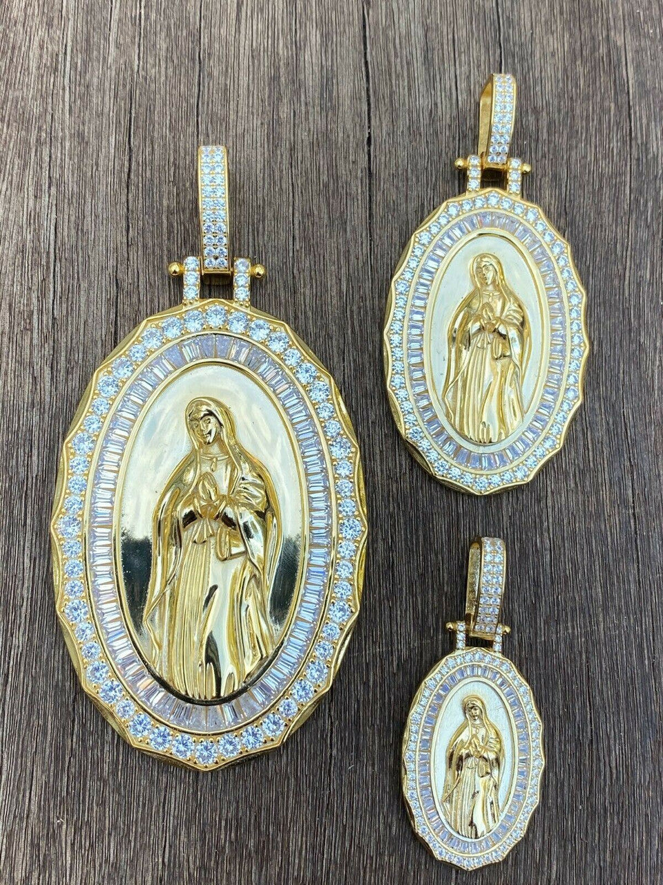 HarlemBling 14k Gold Real 925 Sterling Silver Virgin Mary Necklace Pendant Iced Medallion