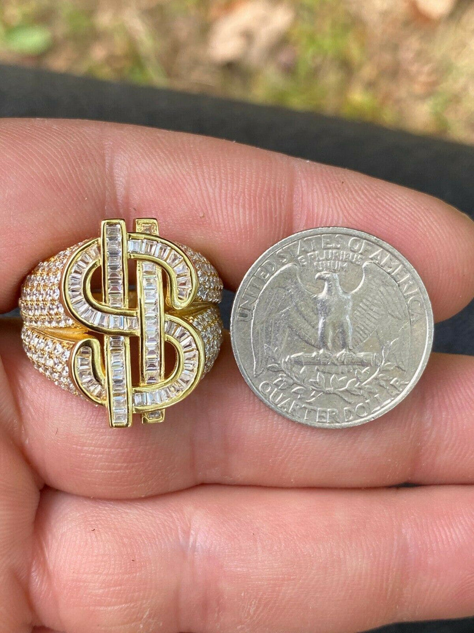 HarlemBling 14k Gold Real Solid 925 Sterling Silver Mens Hip Hop Dollar Sign dollar Pinky Ring