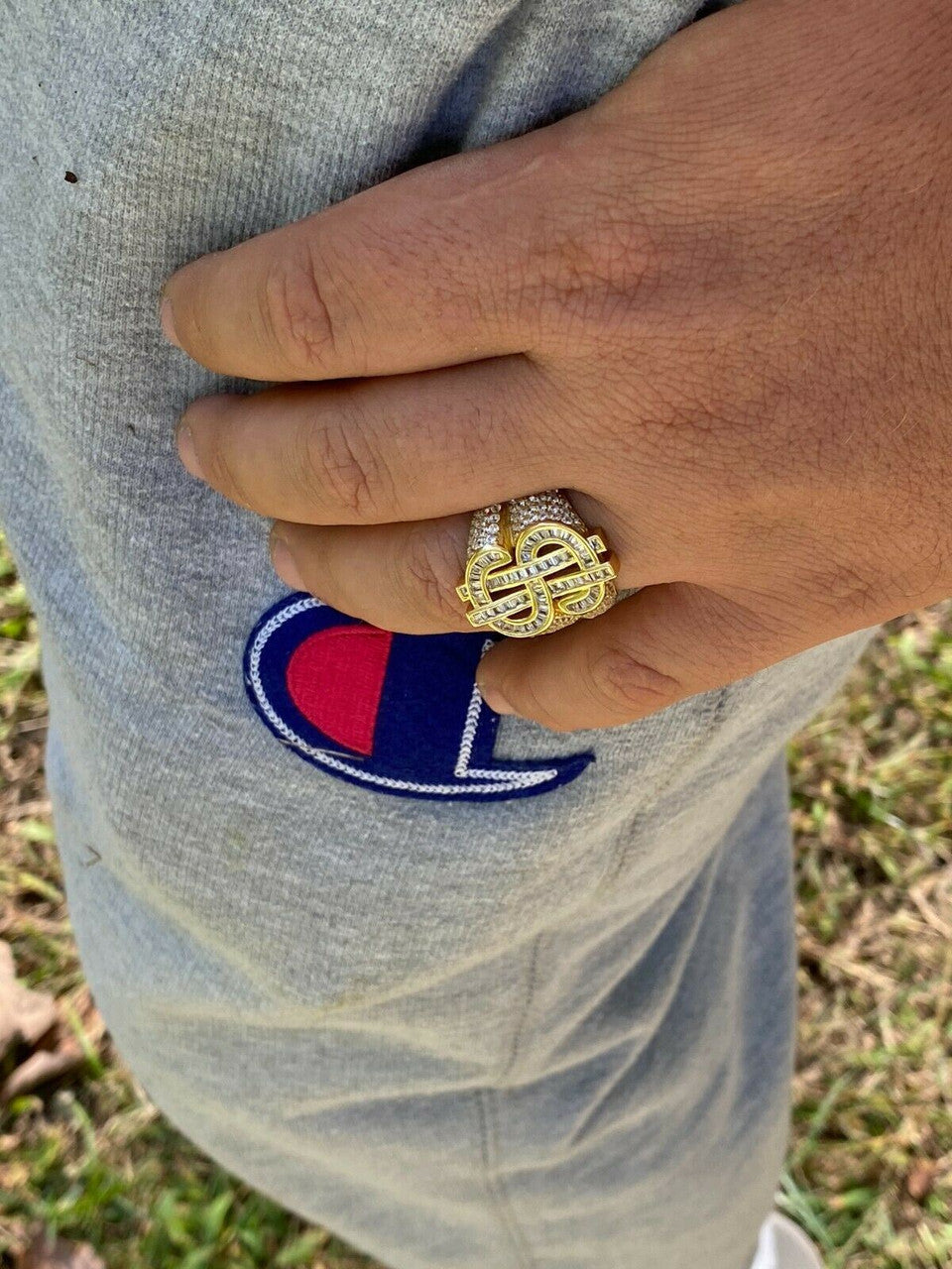 HarlemBling 14k Gold Real Solid 925 Sterling Silver Mens Hip Hop Dollar Sign dollar Pinky Ring