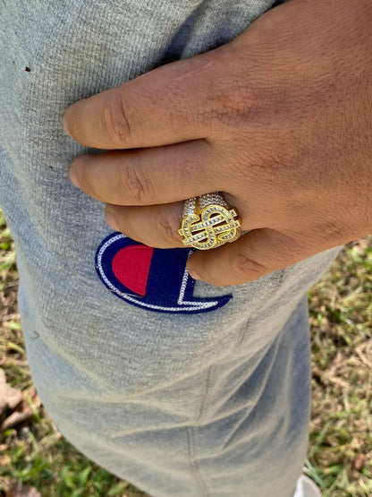 HarlemBling 14k Gold Real Solid 925 Sterling Silver Mens Hip Hop Dollar Sign dollar Pinky Ring