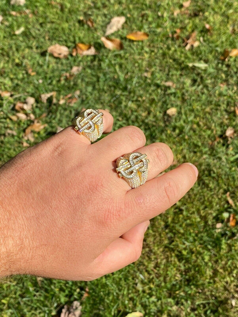 HarlemBling 14k Gold Real Solid 925 Sterling Silver Mens Hip Hop Dollar Sign dollar Pinky Ring