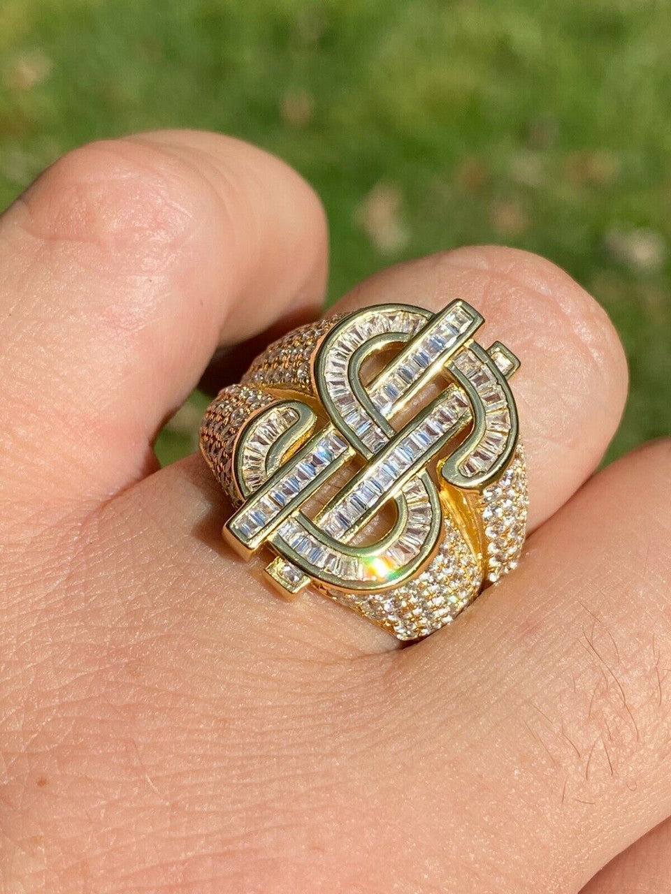 HarlemBling 14k Gold Real Solid 925 Sterling Silver Mens Hip Hop Dollar Sign dollar Pinky Ring