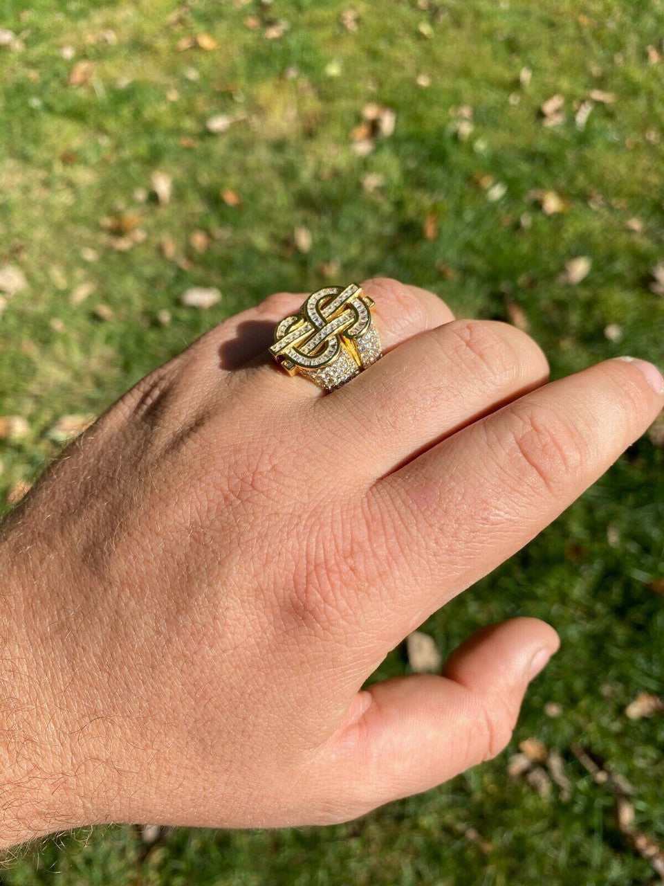 HarlemBling 14k Gold Real Solid 925 Sterling Silver Mens Hip Hop Dollar Sign dollar Pinky Ring