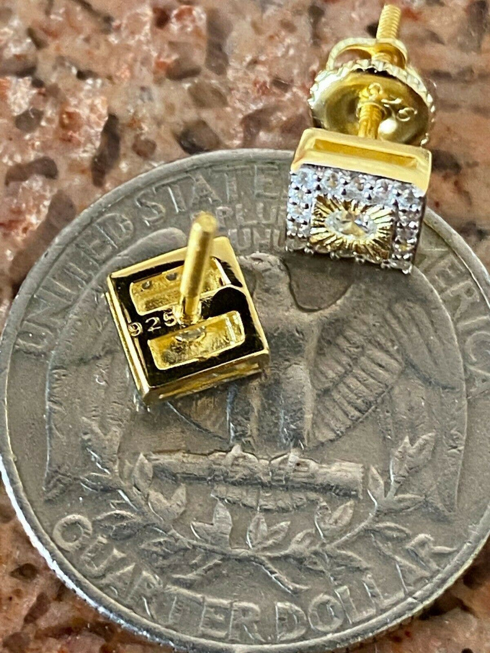 HarlemBling 14k Gold Solid Sterling Silver Iced Diamond Cut Hip Hop Earrings Screw Back Stud