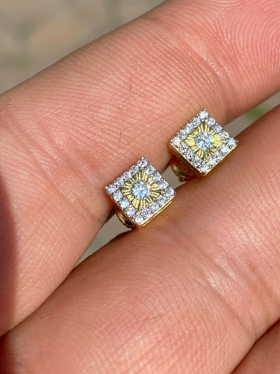 HarlemBling 14k Gold Solid Sterling Silver Iced Diamond Cut Hip Hop Earrings Screw Back Stud