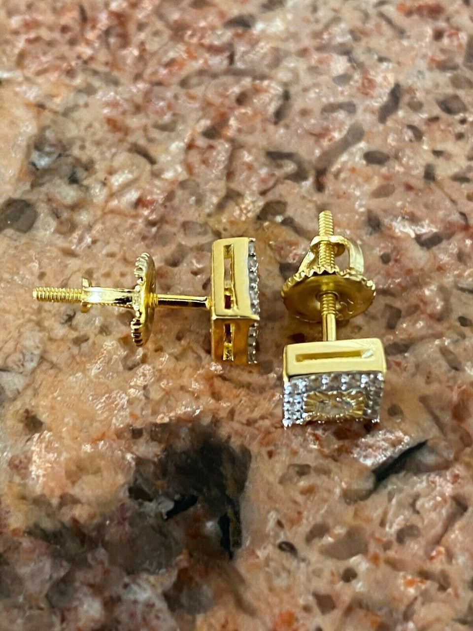 HarlemBling 14k Gold Solid Sterling Silver Iced Diamond Cut Hip Hop Earrings Screw Back Stud