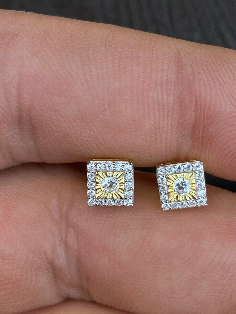 HarlemBling 14k Gold Solid Sterling Silver Iced Diamond Cut Hip Hop Earrings Screw Back Stud