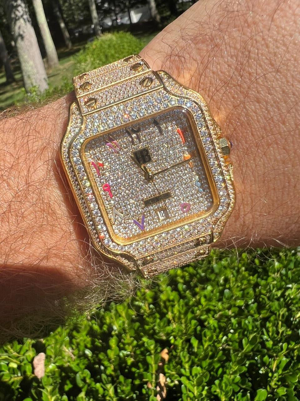 HarlemBling 14k Gold Stainless Steel Mens Watch Iced Simulated Diamond Hip Hop Arabic Dial