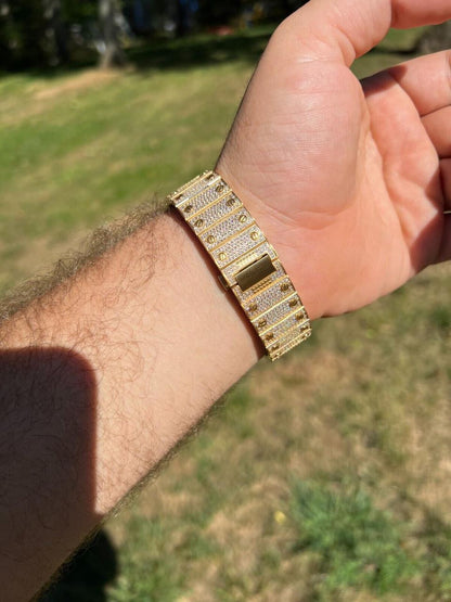 HarlemBling 14k Gold Stainless Steel Mens Watch Iced Simulated Diamond Hip Hop Arabic Dial