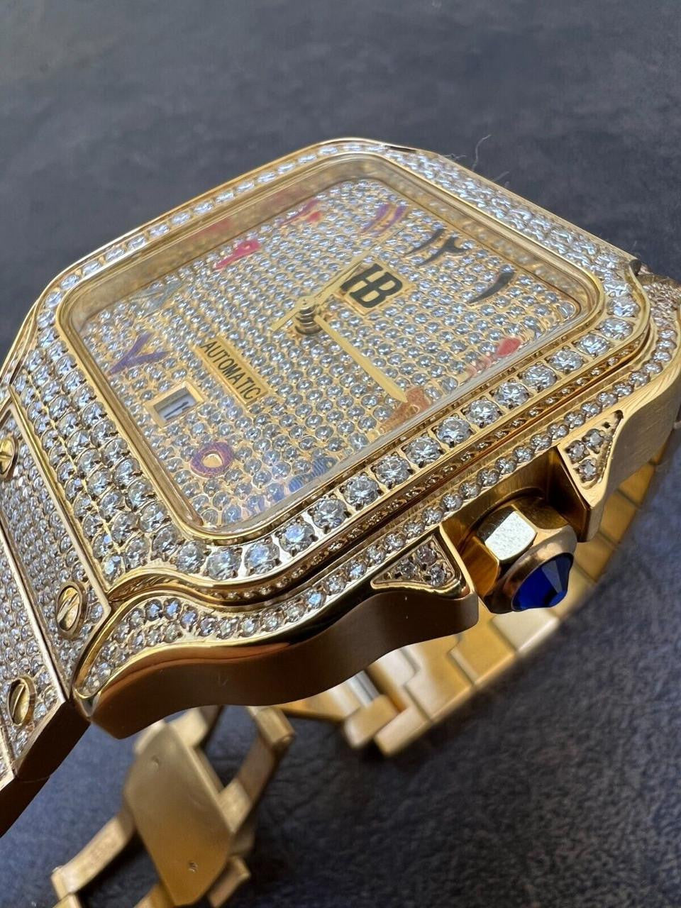 HarlemBling 14k Gold Stainless Steel Mens Watch Iced Simulated Diamond Hip Hop Arabic Dial