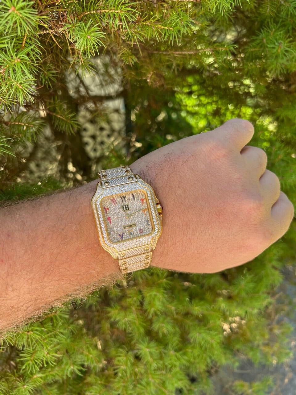 HarlemBling 14k Gold Stainless Steel Mens Watch Iced Simulated Diamond Hip Hop Arabic Dial